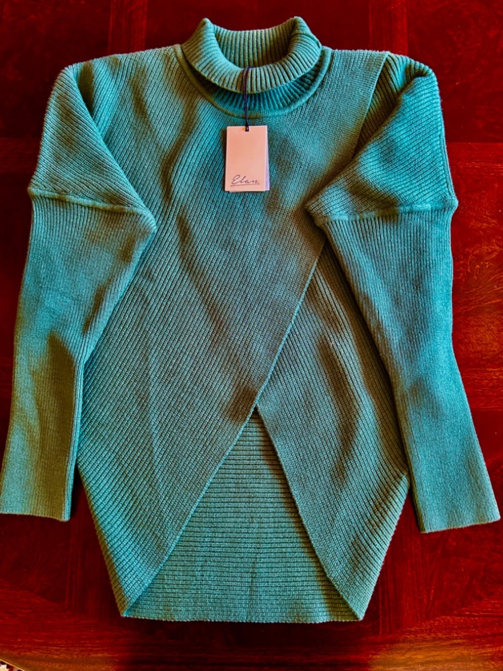 Elan Dusty Seafoam Wrap-Front Ribbed Turtleneck Sweater